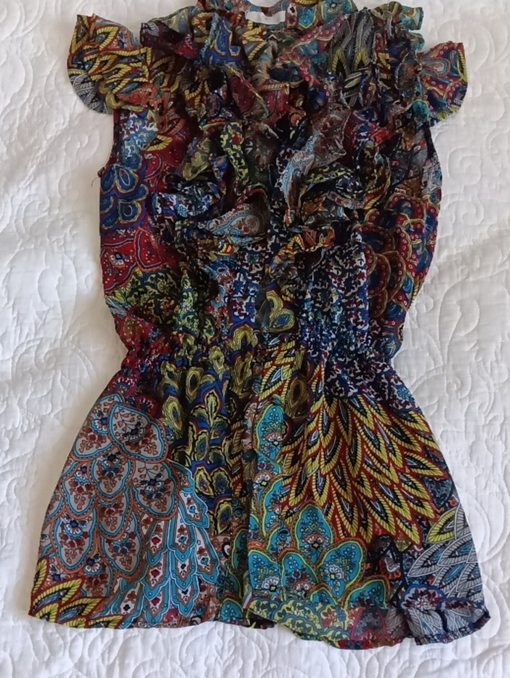 Boho Ruffled Peacock Paisley Sleeveless Top - Multi